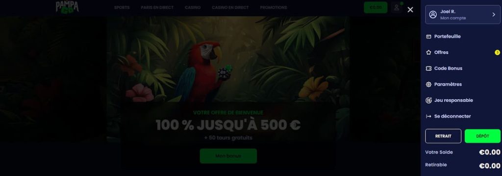 Pampago Casino compte joueur