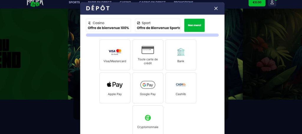 Pampago Casino moyens paiement dépôt